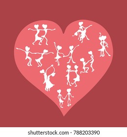 Happy dancing couple drawn against the background of the heart, loving dancers, with Valentine's Day vector card.

