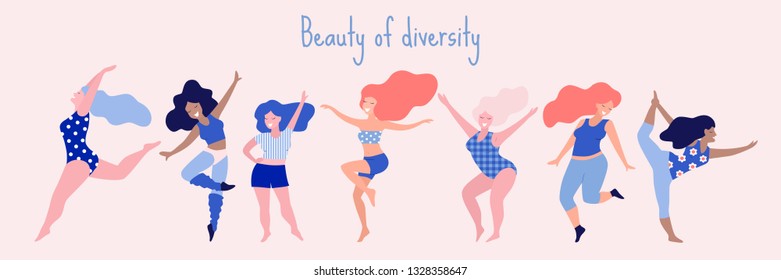 Happy dancing diverse women vector illustration.