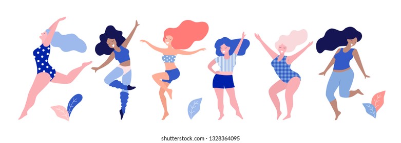 Happy dancing diverse women vector illustration.