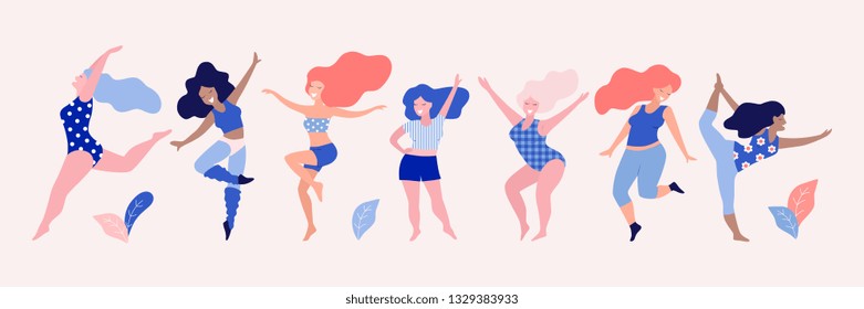Happy dancing diverse women vector illustration.