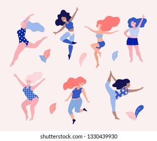 Happy dancing diverse women vector illustration.