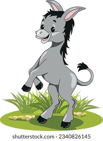 Happy dancing donkey on the lawn. Vector