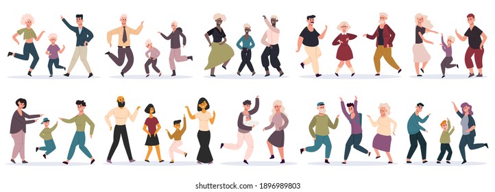 Happy dancing families. Parents dancing with children, mom, dad and kids having fun together, party at home. Family celebrating vector illustration set. Multicultural mother, father and babies