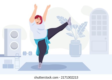 Happy dancing fat girl. cover dance, fat women dancers. Exciting music party, cartoon characters Vector illustration.