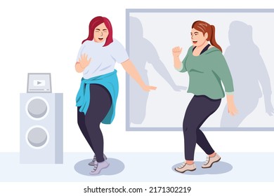 Feliz baile de chica gorda. danza de cubierta, bailarinas gordas. Excitante fiesta musical, personajes de caricatura Ilustración vectorial.