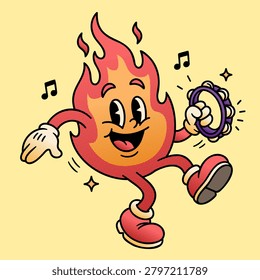 Happy Dancing Flame Mascot Playing Tambourine Cartoon Character in Retro Pop Art Style