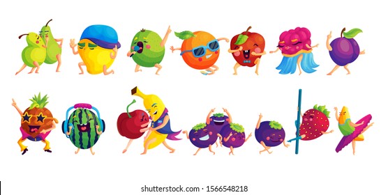 Happy dancing fruits cartoon stickers set. Emoji characters having fun icon collection. Organic plants with cute faces vector illustrations. Vegetarian food patches. Summer disco party