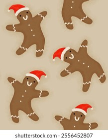 Happy Dancing Gingerbread Men. Cute Hand Drawn Winter Holidays Seamless Vector Pattern with Cute Christmas Cookies.Gingerbread Men in Santa Claus Hat on a Dusty Beige Background.Xmas Endless Print.RGB