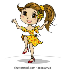 Happy dancing girl. Cute dancing woman. Dancer wearing red dress and red shoes in movement. Joyous female cartoon character. Joyful instructor (trainer or coach) of dancing. Isolated on white.