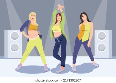 Happy dancing girl. Friends cover dance, club female dancers. Exciting music party, cartoon characters Vector illustration.