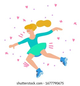 Happy dancing girl. Friends dance, club female dancers. Exciting music party, disco dancing friends character flat vector illustration. Positive woman dancing and having fun. Folk dances