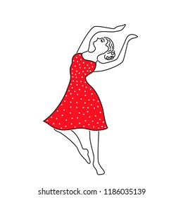 Happy dancing girl in red dotted dress vector illustration. Line drawing. Concept for logo, card, banner, poster, flyer.