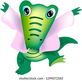 Happy dancing green baby crocodile in jacket