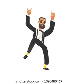 Happy dancing groomsman, man in suit with beard, tuxedo in flat cartoon style. Boss or businessman. Groomsman on wedding ceremony. Isolated vector illustration on white background.