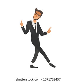 Happy dancing groomsman, man in suit, tuxedo in flat cartoon style. Groomsman on wedding ceremony, vector illustration on white background.