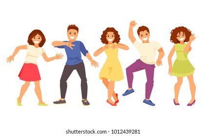 Happy dancing group of people isolated on white background. Humorous vector illustration