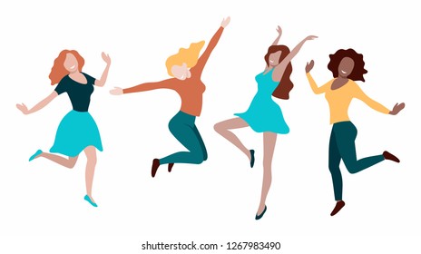 Happy dancing and jumping woman vector illustration. Girls having fun. Multi ethnic females.