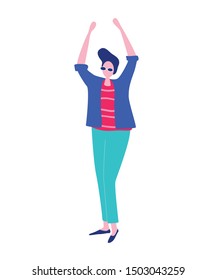 Happy dancing man. Banner with guy having fun, dance, jump. Joyful disco party. Flat vector illustration.