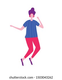 Happy dancing man. Banner with guy having fun, dance, jump. Joyful disco party. Flat vector illustration.
