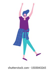 Happy dancing man. Banner with guy having fun, dance, jump. Joyful disco party. Flat vector illustration.