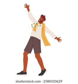 Happy dancing man cartoon character with raised arms in air wearing traditional decorative Indian floral necklace celebrating Holi festival vector illustration. Festive heritage of India enjoyment