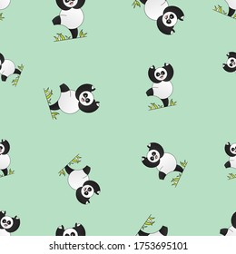Happy and dancing panda seamless pattern. Golden ratio panda endless texture. Vector panda illustration. Can be used for t-shirt prints, book or album covers. Soft green color background.