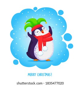 Happy dancing penguin in an elven hat and red scarf. Cartoon vector illustration. New year pre-made postcard with text Merry Christmas.