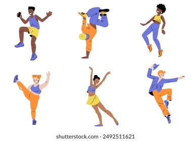 Happy dancing people. Colourful illustrations of diverse dancers performing various dance moves and poses. 