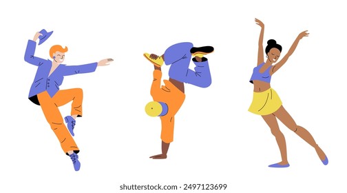 Happy dancing people. Colourful illustrations of diverse dancers performing various dance moves and poses. 