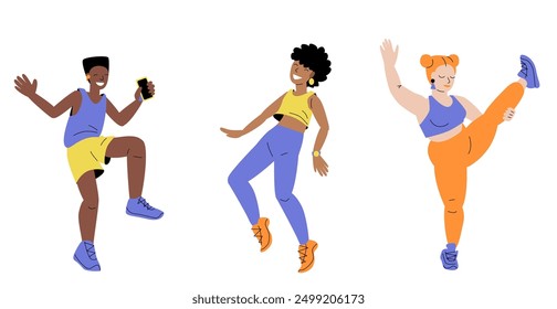 Happy dancing people. Colourful illustrations of diverse dancers performing various dance moves and poses. 