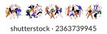 Happy dancing people at disco party set. Young friends gathering, celebrating holiday at discotheque. Hangout, celebration at music club. Flat graphic vector illustrations isolated on white background