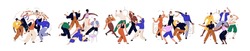 Happy Dancing People At Disco Party Set. Young Friends Gathering, Celebrating Holiday At Discotheque. Hangout, Celebration At Music Club. Flat Graphic Vector Illustrations Isolated On White Background