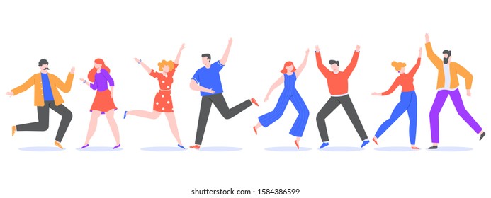 Happy dancing people. Exciting modern characters dancing together, cheerful female and male dancers. Joyful friends at music party isolated vector illustration. Celebration. Faceless humans set