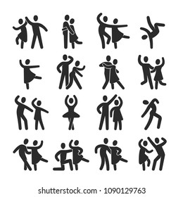 Happy dancing people icons. Modern dance class vector silhouette symbols. Illustration of dance people, female and male, monochrome dancer performance