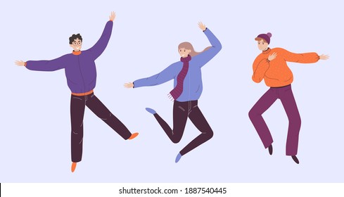 Happy dancing people isolated on gentle purple background. Exciting music party, disco, dancing cartoon images of people. Vector illustration