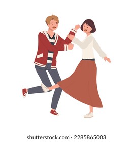 happy dancing people , male and female dancing together. man and woman enjoying dance party. Flat vector cartoon illustration