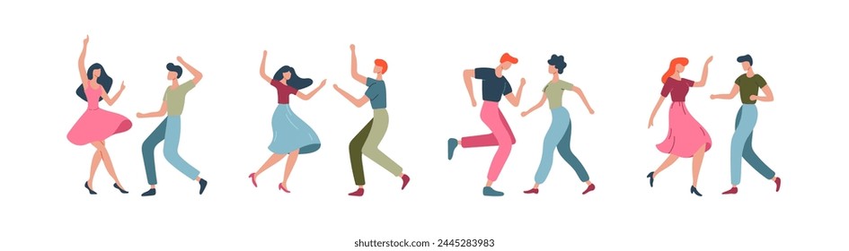 Happy dancing people, male and female dancers isolated on white background. Vector illustration in flat cartoon style.