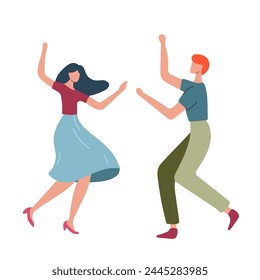 Happy dancing people, male and female dancers isolated on white background. Vector illustration in flat cartoon style.