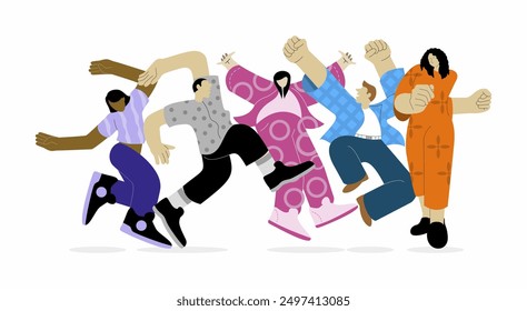 Happy dancing people together. Enjoy the day dance on the street. Friendship happiness dancer. Happy expression people with dancing together. Trending happy people today 2024. Dancing isolated vector