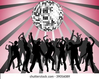 happy dancing people under disco sphere - vector
