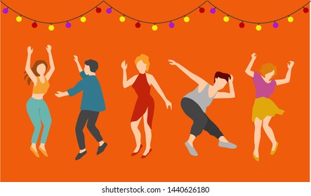 happy dancing people, young men and women 