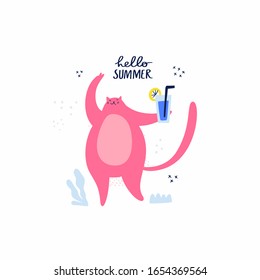 Happy dancing pink cat with cocktail. Color flat hand drawn vector illustration of vacation time. Hello summer. Quote handwritten lettering. Scandinavian cartoon style.