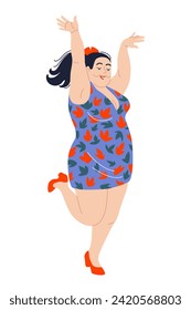 Feliz baile más mujer grande aislada en un fondo blanco. Chica de ciruela con un vestido de colores. Concepto de positividad corporal. Ilustración vectorial simple en estilo de dibujos animados planos.