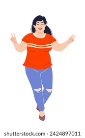 Mujer de talla grande feliz que baila aislada en el fondo blanco. Mujer regordeta con pantalones azules y camiseta roja. Concepto de positividad corporal. Ilustración vectorial simple en estilo plano de dibujos animados.