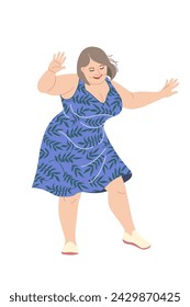 Mujer de talla grande feliz que baila aislada en el fondo blanco. Mujer regordeta con un vestido azul. Concepto de positividad corporal. Ilustración vectorial simple en estilo plano de dibujos animados.