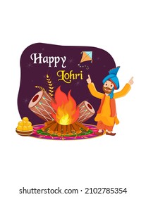 Happy Dancing Punjabi Man celebrating Lohri with dholak on decorative background for the festival Happy Lohri