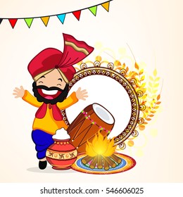 Happy Dancing Punjabi Man celebrating Lohri with Line art frame, grains and dholak on decorative background for the festival Happy Lohri.