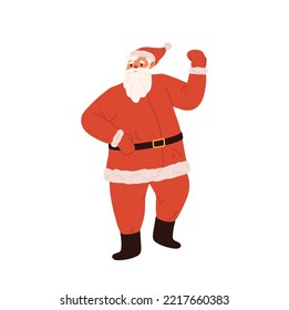 Happy dancing santa claus, cartoon christmas character in red costume with beard. Joyful santa isolated on white background. New year and xmas celebration concept. Flat vector illustration