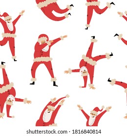 Happy dancing Santa Clauses in various funny poses like dabbing, jumping pas, break dance. Hand-drawn vector seamless pattern for textile, fabric print, coverage, wrapping paper and other design.