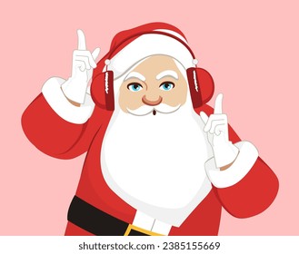 Happy Dancing Santa Listening to Christmas Carols Vector Cartoon Illustration. Cheerful senior Santa enjoying traditional music songs